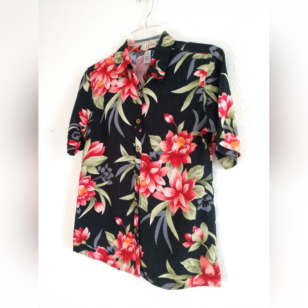 Pretty Jamaica Bay Women's Hawaiian Shirt Black Pink Size Small, Chest 32" - Picture 6 of 6